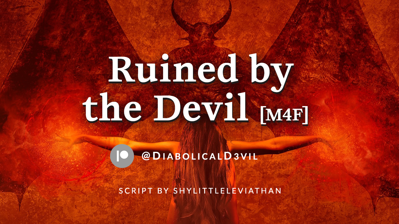 Ruined by the Devil - woman with outstretched arms towards a demonic figure, whole scene tinted red